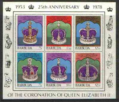 Barbuda 1978 Coronation 25th Anniversary 1st issue (Crowns) m/sheet unmounted mint, SG MS 414, stamps on , stamps on  stamps on royalty, stamps on coronation