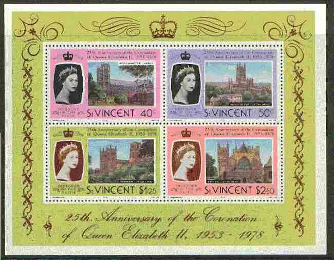 St Vincent 1978 Coronation 25th Anniversary m/sheet (Cathedrals & Abbeys) SG MS 560 unmounted mint, stamps on , stamps on  stamps on churches, stamps on royalty, stamps on coronation, stamps on cathedrals