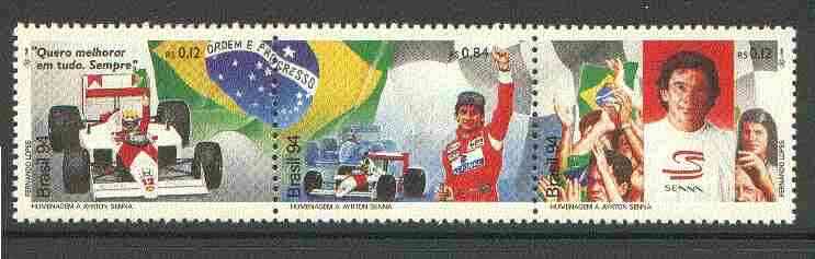 Brazil 1994 Ayrton Senna (Racing Driver) Commemoration unmounted mint setenant strip of 3, SG 2680-82, stamps on , stamps on  stamps on racing cars, stamps on cars, stamps on motorsport, stamps on  stamps on  f1 , stamps on  stamps on 