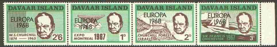 Davaar Island 1968 Europa opt on 1967 Churchill perf def strip of 4 (Chichester Boat, Forest etc) unmounted mint, stamps on , stamps on  stamps on churchill, stamps on personalities, stamps on yachts, stamps on trees, stamps on europa