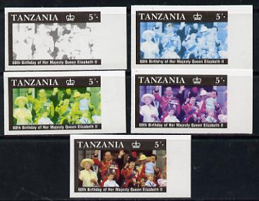 Tanzania 1987 Queen's 60th Birthday 5s set of 5 unmounted mint imperf progressive colour proofs incl all 4 colours (as SG 517), stamps on royalty, stamps on 60th birthday