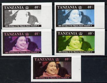Tanzania 1987 Queen's 60th Birthday 40s set of 5 unmounted mint imperf progressive colour proofs incl all 4 colours (as SG 519), stamps on royalty, stamps on 60th birthday