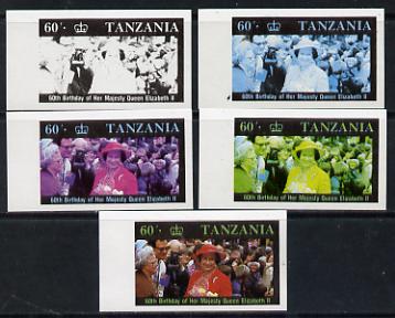 Tanzania 1987 Queen's 60th Birthday 60s set of 5 unmounted mint imperf progressive colour proofs incl all 4 colours (as SG 520), stamps on , stamps on  stamps on royalty     60th birthday