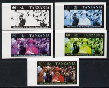 Tanzania 1987 Queen's 60th Birthday 60s set of 5 unmounted mint imperf progressive colour proofs incl all 4 colours (as SG 520), stamps on royalty, stamps on 60th birthday