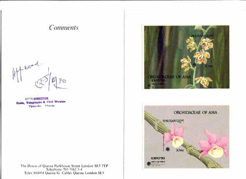 Bhutan 1990 Orchids - Vandopsis parishi & Dendrobium aphyllum imperf m/sheets mounted in Folder entitled 'Your Proofs from the House of Questa', signed and approved by Director PTT, exceptionally rare ex Government archives (Sc 883 & 884), stamps on , stamps on  stamps on orchids, stamps on flowers