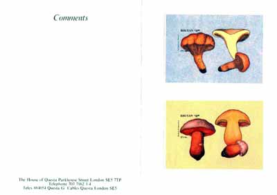 Bhutan 1989 Fungi - 25nu (Cantharellus cibarius) & 25nu (Boletus rhodoxanthus) imperf m/sheets mounted in Folder entitled 'Your Proofs from the House of Questa', exceptionally rare ex Government archives  (Sc 727 & 728), stamps on , stamps on  stamps on fungi