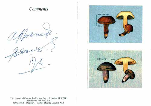 Bhutan 1989 Fungi - 25nu (Xerocomus subtomentosus) & 25nu (Russula olivacea) imperf m/sheets mounted in Folder entitled 'Your Proofs from the House of Questa', signed and approved by Director PTT, exceptionally rare ex Government archives  (Sc 735 & 736), stamps on , stamps on  stamps on fungi