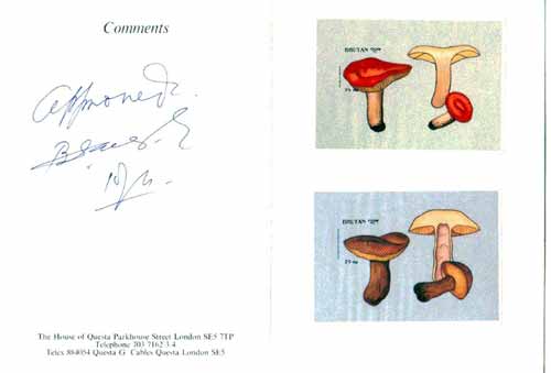 Bhutan 1989 Fungi - 25nu (Russula aurata) & 25nu (Gyroporus castaneus) imperf m/sheets mounted in Folder entitled Your Proofs from the House of Questa, signed and approve..., stamps on fungi
