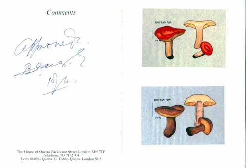 Bhutan 1989 Fungi - 25nu (Russula aurata) & 25nu (Gyroporus castaneus) imperf m/sheets mounted in Folder entitled 'Your Proofs from the House of Questa', signed and approved by Director PTT, exceptionally rare ex Government archives (Sc 725 & 726), stamps on , stamps on stamps on fungi