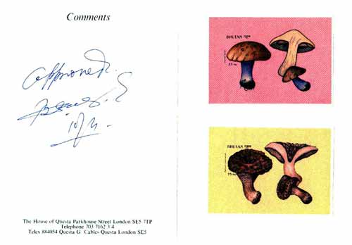 Bhutan 1989 Fungi - 25nu (Lepista saeva) & 25nu (Hydnum imbricatum) imperf m/sheets mounted in Folder entitled Your Proofs from the House of Questa, signed and approved b..., stamps on fungi