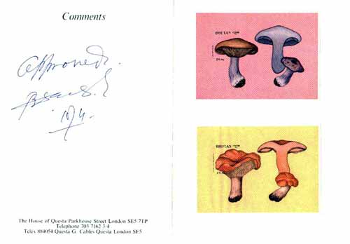 Bhutan 1989 Fungi - 25nu (Lepista nuda) & 25nu (Dentinum repandum) imperf m/sheets mounted in Folder entitled 'Your Proofs from the House of Questa', signed and approved by Director PTT, exceptionally rare ex Government archives  (Sc 731 & 732), stamps on , stamps on  stamps on fungi