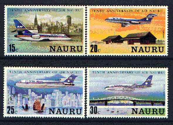 Nauru 1980 10th Anniversary of Air Nauru set of 4 unmounted mint, SG 220-23, stamps on , stamps on  stamps on aviation, stamps on  stamps on fokker, stamps on  stamps on boeing