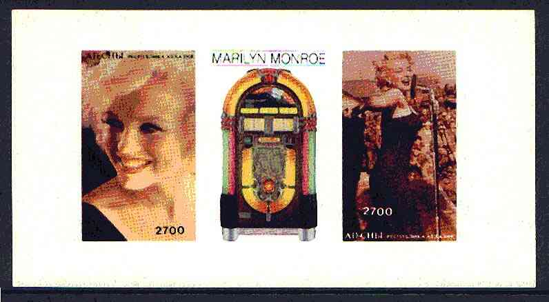 Abkhazia 1997 Marilyn Monroe imperf sheetlet containing 2 values plus label, unmounted mint, stamps on , stamps on  stamps on films, stamps on cinema, stamps on entertainments, stamps on marilyn monroe