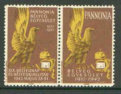 Cinderella - Pannonia 1942 Eagle & posthorn se-tenant pair with brown background unmounted mint, stamps on , stamps on  stamps on cinderellas, stamps on birds, stamps on birds of prey, stamps on eagles, stamps on posthorn, stamps on postal