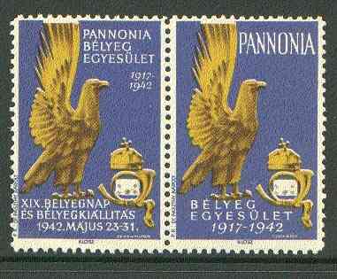 Cinderella - Pannonia 1942 Eagle & posthorn se-tenant pair with blue background unmounted mint, stamps on , stamps on  stamps on cinderellas, stamps on birds, stamps on birds of prey, stamps on eagles, stamps on posthorn, stamps on postal