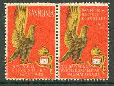 Cinderella - Pannonia 1942 Eagle & posthorn se-tenant pair with orange background unmounted mint, stamps on cinderellas, stamps on birds, stamps on birds of prey, stamps on eagles, stamps on posthorn, stamps on postal