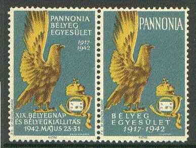 Cinderella - Pannonia 1942 Eagle & posthorn se-tenant pair with green-blue background unmounted mint, stamps on cinderellas, stamps on birds, stamps on birds of prey, stamps on eagles, stamps on posthorn, stamps on postal
