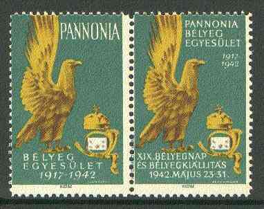 Cinderella - Pannonia 1942 Eagle & posthorn se-tenant pair with green background unmounted mint, stamps on , stamps on  stamps on cinderellas, stamps on birds, stamps on birds of prey, stamps on eagles, stamps on posthorn, stamps on postal