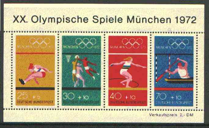 Germany - West 1972 Munich Olympic Games (7th Issue) m/sheet unmounted mint, SG MS 1633, stamps on , stamps on  stamps on olympics, stamps on basketball, stamps on discus, stamps on long jump, stamps on canoeing