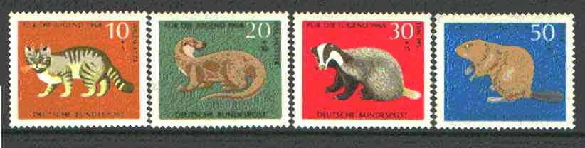 Germany - West 1968 Child Welfare (Animals) set of 4 unmounted mint, SG 1454-57*, stamps on animals, stamps on cat, stamps on otter, stamps on beaver, stamps on badger, stamps on children