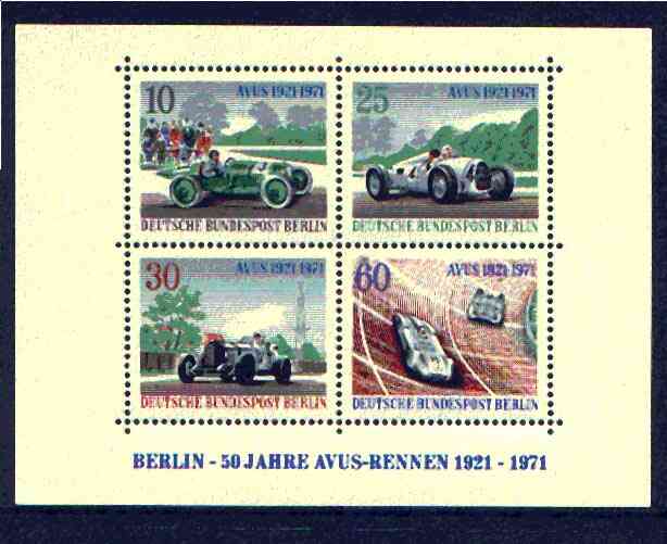 Germany - West Berlin 1971 Anvus Motor Racing Track m/sheet unmounted mint, SG MS B395, stamps on , stamps on  stamps on cars, stamps on racing, stamps on motor sport, stamps on mercedes