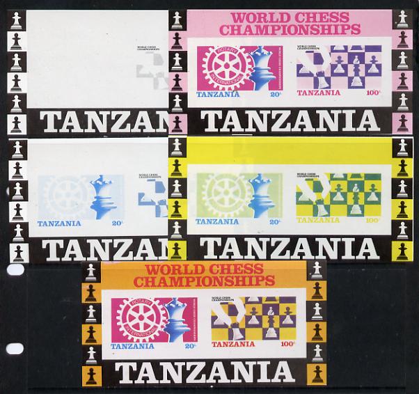 Tanzania 1986 World Chess/Rotary m/sheet set of 5 unmounted mint imperf progressive colour proofs incl all 4 colours (as SG MS 463), stamps on chess, stamps on rotary 