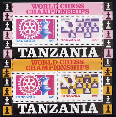 Tanzania 1986 World Chess/Rotary m/sheet with yellow omitted plus normal both unmounted mint as SG MS 463), stamps on chess  rotary