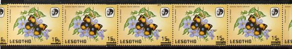 Lesotho 1986-88 Butterflies Yellow Pansy 15s on 5s unmounted mint strip of 7 with progressive shift of surch (bars top & bottom) SG 727, stamps on , stamps on  stamps on butterflies