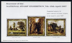 Exhibition souvenir sheet for 1967 National Stamp Exhibition showing 3 paintings by Constable unmounted mint, stamps on , stamps on  stamps on cinderella, stamps on  stamps on stamp exhibitions, stamps on  stamps on arts, stamps on  stamps on constable