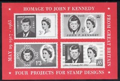 Exhibition souvenir sheet for 1963 Hilton Exhibition showing 4 essays for Great Britain Kennedy issue unmounted mint, stamps on , stamps on  stamps on cinderella, stamps on stamp exhibitions, stamps on kennedy