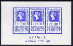 Exhibition souvenir sheet for 1968 Efimex Mexico Stamp Exhibition showing 3 Centenary stamps printed in blue unmounted mint, stamps on , stamps on  stamps on cinderella, stamps on stamp exhibitions, stamps on 