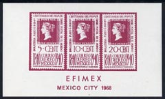 Exhibition souvenir sheet for 1968 Efimex Mexico Stamp Exhibition showing 3 Centenary stamps printed in purple unmounted mint, stamps on , stamps on  stamps on cinderella, stamps on stamp exhibitions, stamps on 