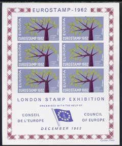 Exhibition souvenir sheet for 1962 London Stamp Exhibition showing Europa 'Tree' stamps block of 6 (blue-grey background) unmounted mint, stamps on , stamps on  stamps on cinderella, stamps on stamp exhibitions, stamps on europa