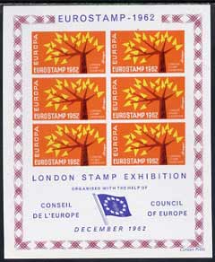 Exhibition souvenir sheet for 1962 London Stamp Exhibition showing Europa 'Tree' stamps block of 6 (orange background) unmounted mint, stamps on , stamps on  stamps on cinderella, stamps on stamp exhibitions, stamps on europa