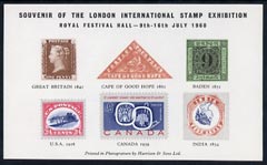 Exhibition souvenir sheet for 1960 London International Stamp Exhibition showing Classic 'errors' (produced by Harrison & Sons) , stamps on , stamps on  stamps on cinderella, stamps on stamp exhibitions, stamps on triangulars