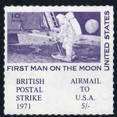 Cinderella - United States 1971 Rouletted 5s blue (1969 Man on Moon Stamp) produced for use during Great Britain Postal strike, unmounted mint, stamps on , stamps on  stamps on strike, stamps on space, stamps on apollo