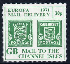 Cinderella - Channel Islands 1971 Rouletted 20p green (1d & 2.5d Occupation issues) produced for use during Great Britain Postal strike unmounted mint, stamps on strike, stamps on  ww2 , stamps on 
