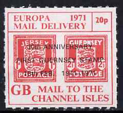 Cinderella - Channel Islands 1971 Rouletted 20p red (1d & 2.5d Occupation issues) Postal strike label opt'd 30th Anniversary of First Guernsey Stamp unmounted mint, stamps on , stamps on  stamps on strike, stamps on  stamps on  ww2 , stamps on  stamps on 