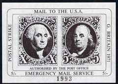 Cinderella - United States 1971 imperf 5s black m/sheet (1847 Washington & Franklin stamps) produced for use during Great Britain Postal strike unmounted mint, stamps on , stamps on  stamps on strike, stamps on americana, stamps on 