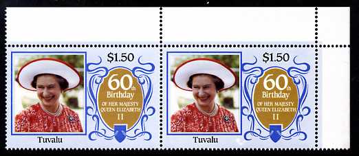 Tuvalu 1986 Queen's 60th Birthday $1.50 unmounted  mint corner pair, one stamp with large background flaw (R1/5), stamps on royalty, stamps on 60th birthday