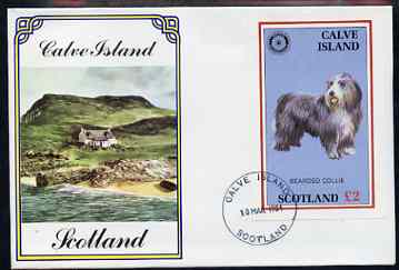 Calve Island 1984 Rotary - Bearded Collie imperf deluxe sheet (A32 value) on cover with first day cancel, stamps on , stamps on  stamps on animals, stamps on dogs, stamps on rotary, stamps on collie