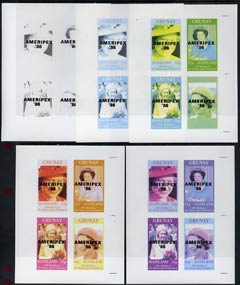 Grunay 1986 Queens 60th Birthday imperf sheetlet of 4 with AMERIPEX opt in black - the set of 5 progressive proofs comprising single & various composite combinations unmo..., stamps on royalty, stamps on 60th birthday, stamps on stamp exhibitions