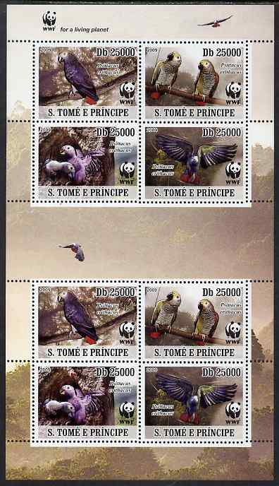 St Thomas & Prince Islands 2009 WWF - Parrots perf sheetlet containing 8 values (2 se-tenant blocks of 4) unmounted mint, stamps on , stamps on  wwf , stamps on birds, stamps on parrots
