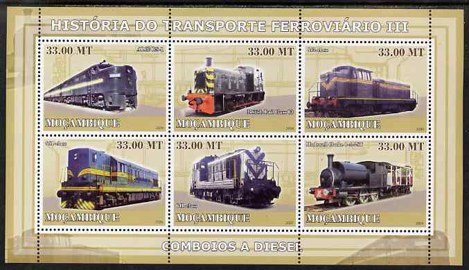 Mozambique 2009 History of Transport - Railways #03 perf sheetlet containing 6 values unmounted mint, stamps on , stamps on  stamps on transport, stamps on  stamps on railways