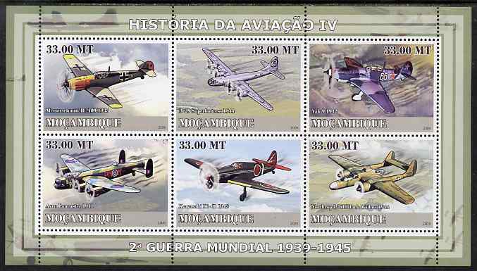 Mozambique 2009 History of Transport - Aviation #04 perf sheetlet containing 6 values unmounted mint, stamps on transport, stamps on aviation, stamps on  ww2 , stamps on lancaster, stamps on 