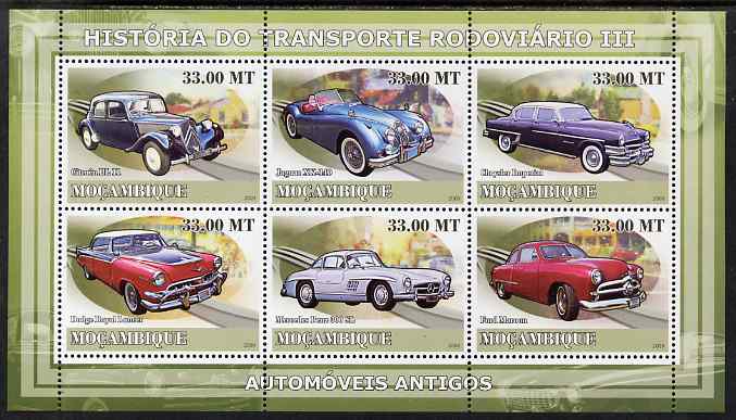 Mozambique 2009 History of Transport - Road Transport #03 perf sheetlet containing 6 values unmounted mint, stamps on transport, stamps on cars, stamps on citroen, stamps on jaguar, stamps on dodge, stamps on mercedes, stamps on benz, stamps on ford