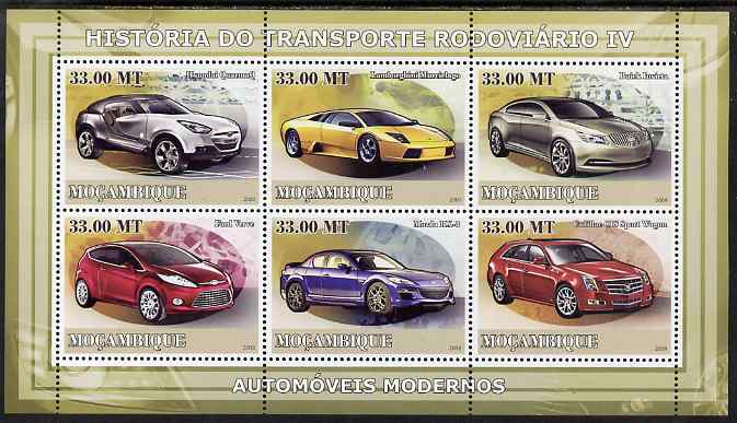 Mozambique 2009 History of Transport - Road Transport #04 perf sheetlet containing 6 values unmounted mint, stamps on , stamps on  stamps on transport, stamps on  stamps on cars, stamps on  stamps on buick, stamps on  stamps on lamborghini, stamps on  stamps on ford, stamps on  stamps on mazda