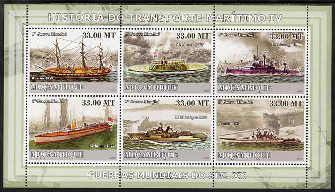 Mozambique 2009 History of Transport - Ships #04 perf sheetlet containing 6 values unmounted mint, stamps on transport, stamps on ships, stamps on  ww2 , stamps on 