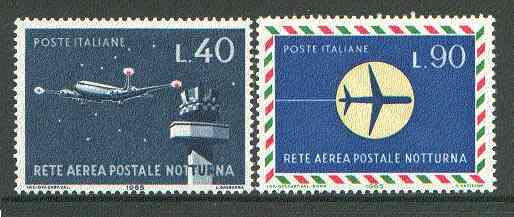Italy 1966 Night Airmail Service set of 2 unmounted mint SG 1145-46*, stamps on aviation, stamps on douglas, stamps on caravelle