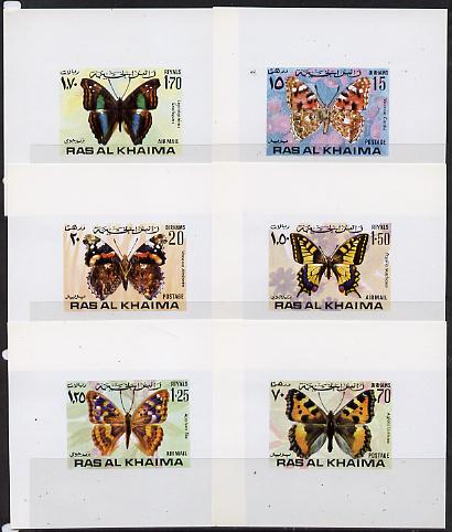 Ras Al Khaima 1971 Butterflies set of 6 unmounted mint imperf deluxe miniature sheets (white background), stamps on butterflies